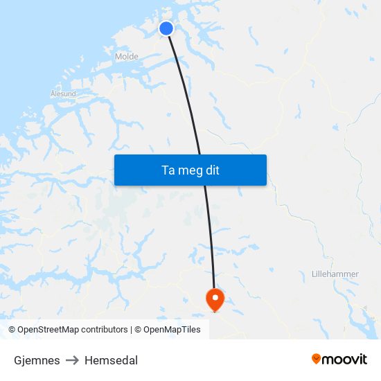 Gjemnes to Hemsedal map