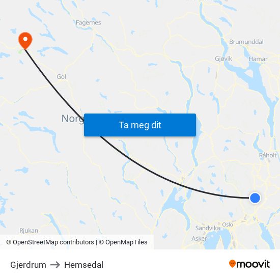 Gjerdrum to Hemsedal map