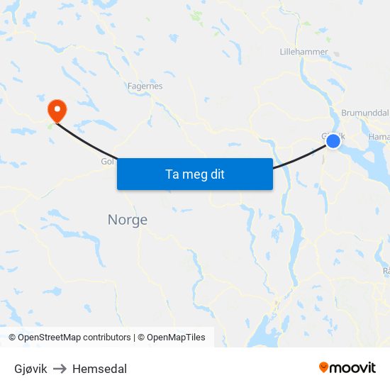 Gjøvik to Hemsedal map