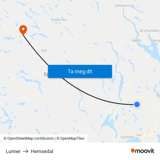 Lunner to Hemsedal map