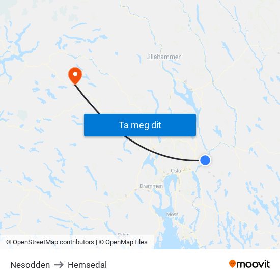 Nesodden to Hemsedal map