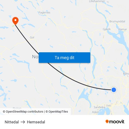 Nittedal to Hemsedal map