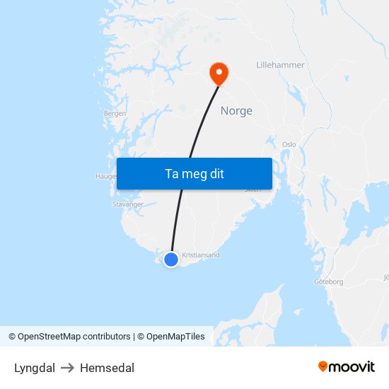Lyngdal to Hemsedal map