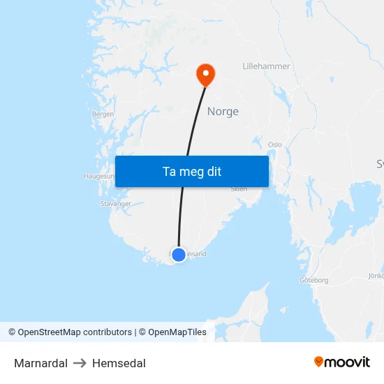 Marnardal to Hemsedal map