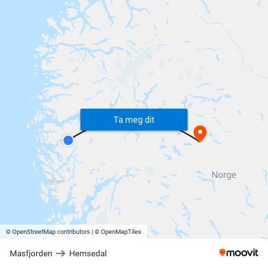 Masfjorden to Hemsedal map