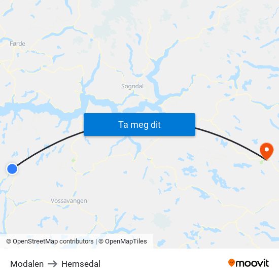 Modalen to Hemsedal map