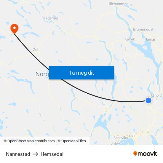 Nannestad to Hemsedal map