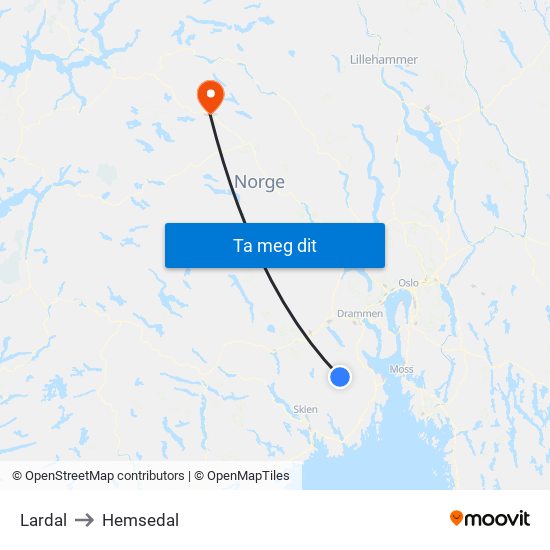 Lardal to Hemsedal map