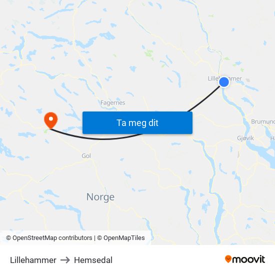 Lillehammer to Hemsedal map