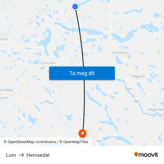 Lom to Hemsedal map