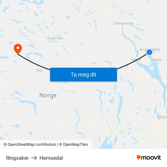 Ringsaker to Hemsedal map