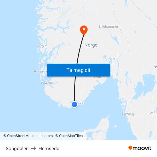 Songdalen to Hemsedal map