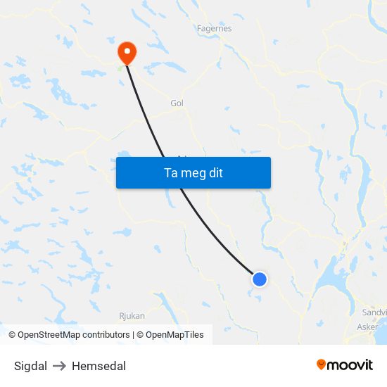 Sigdal to Hemsedal map