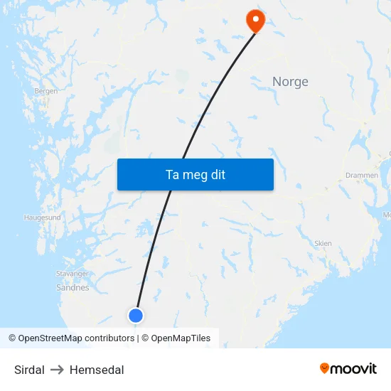 Sirdal to Hemsedal map