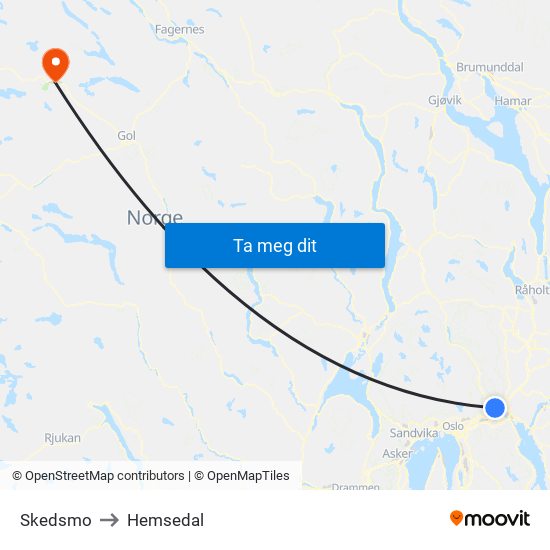 Skedsmo to Hemsedal map