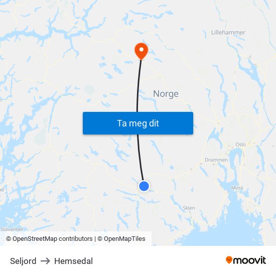 Seljord to Hemsedal map