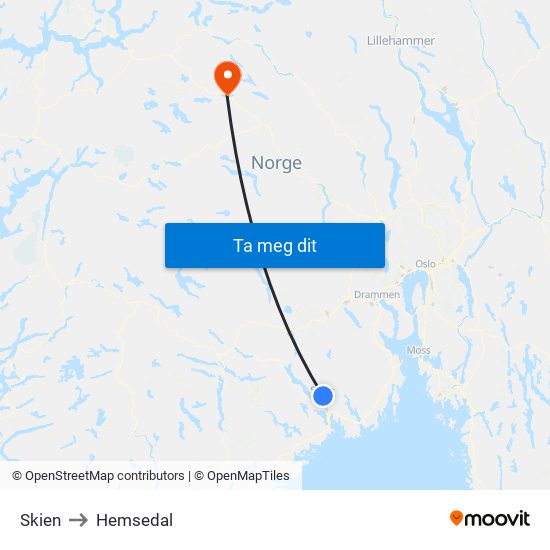 Skien to Hemsedal map