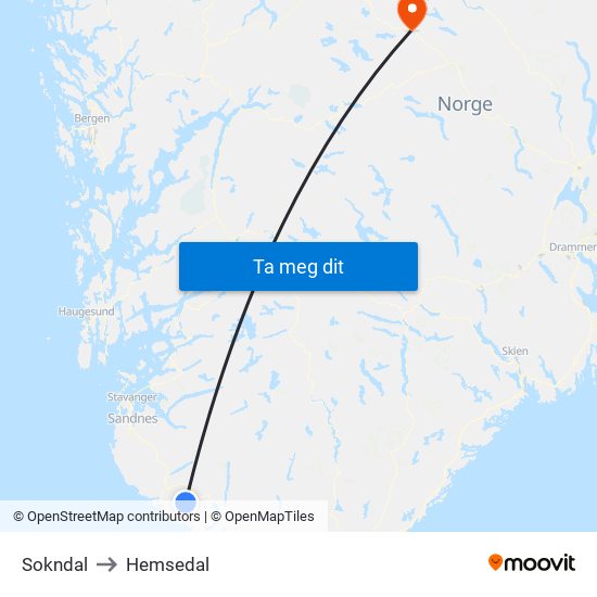 Sokndal to Hemsedal map