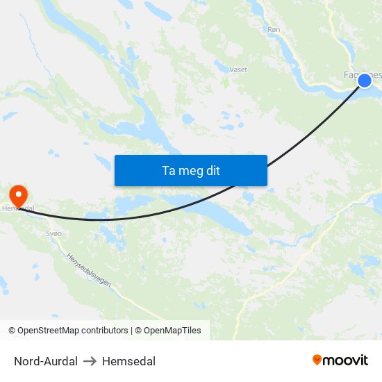 Nord-Aurdal to Hemsedal map