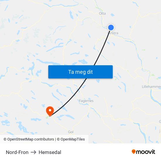 Nord-Fron to Hemsedal map