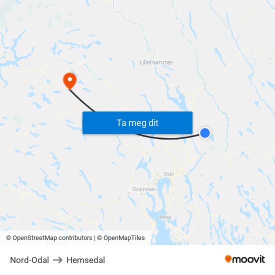Nord-Odal to Hemsedal map