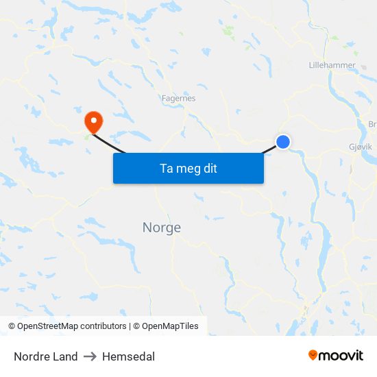 Nordre Land to Hemsedal map