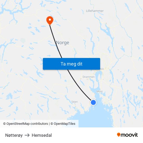 Nøtterøy to Hemsedal map