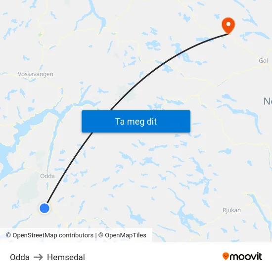 Odda to Hemsedal map