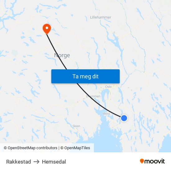 Rakkestad to Hemsedal map