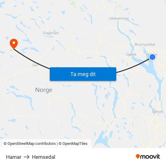 Hamar to Hemsedal map
