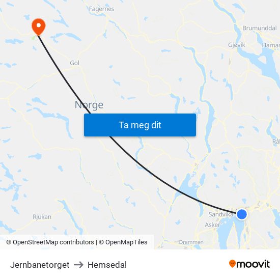 Jernbanetorget to Hemsedal map