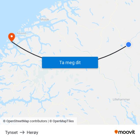 Tynset to Herøy map