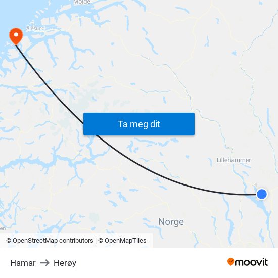 Hamar to Herøy map