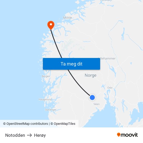 Notodden to Herøy map