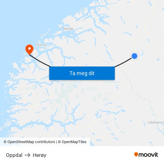 Oppdal to Herøy map