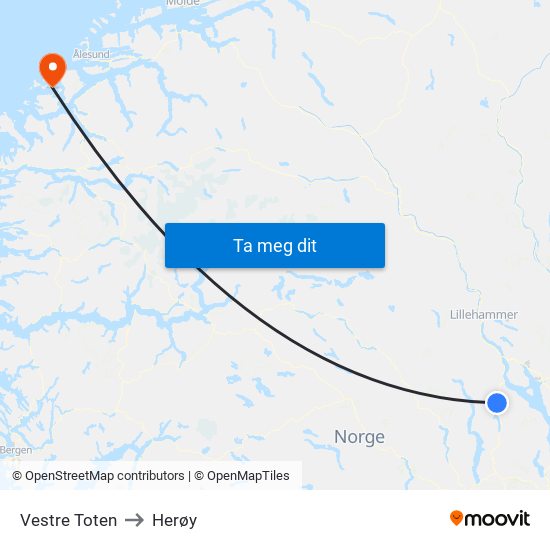 Vestre Toten to Herøy map