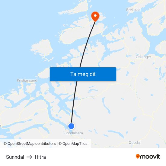 Sunndal to Hitra map