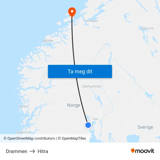 Drammen to Hitra map