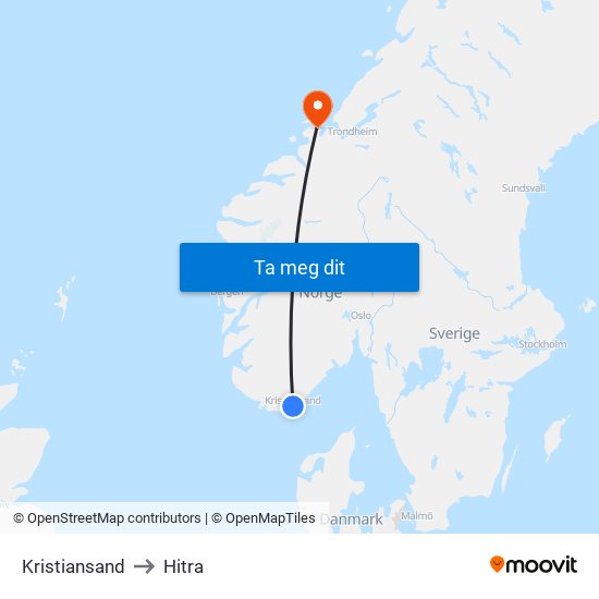 Kristiansand to Hitra map