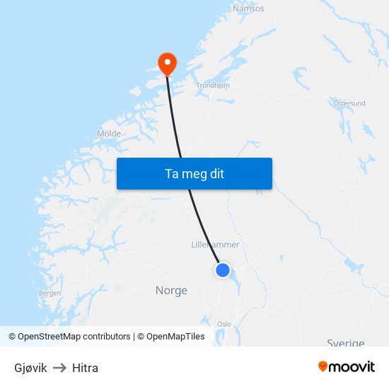 Gjøvik to Hitra map