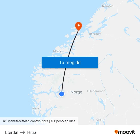 Lærdal to Hitra map