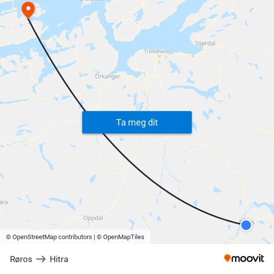 Røros to Hitra map