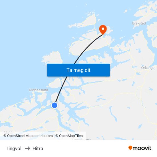Tingvoll to Hitra map