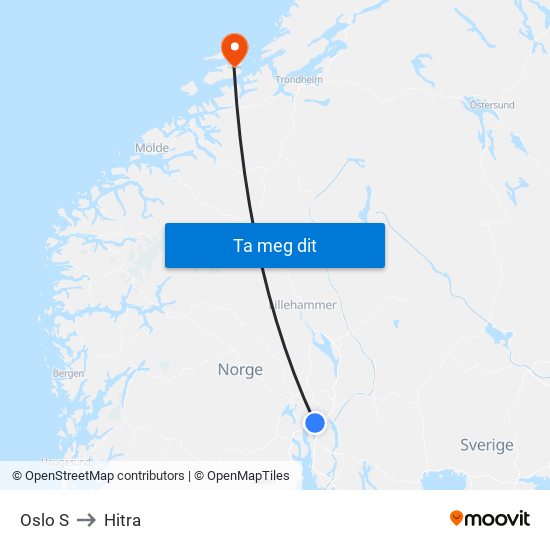 Oslo S to Hitra map