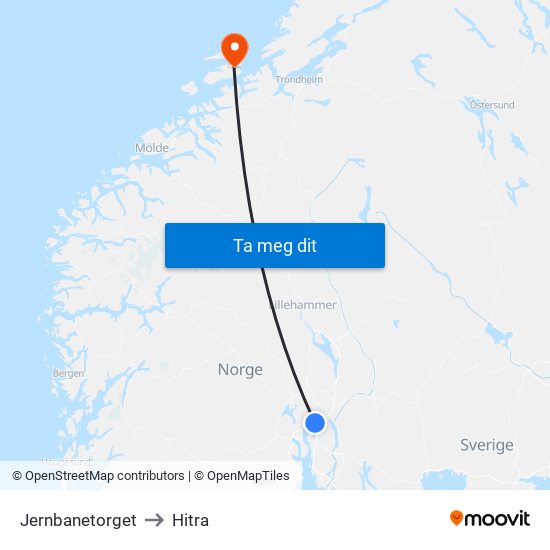 Jernbanetorget to Hitra map