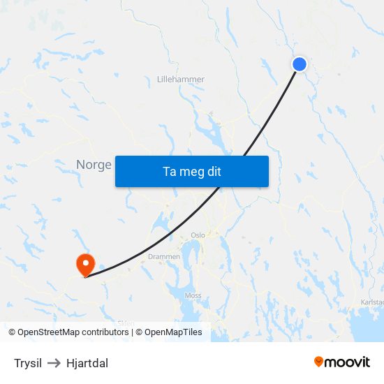 Trysil to Hjartdal map