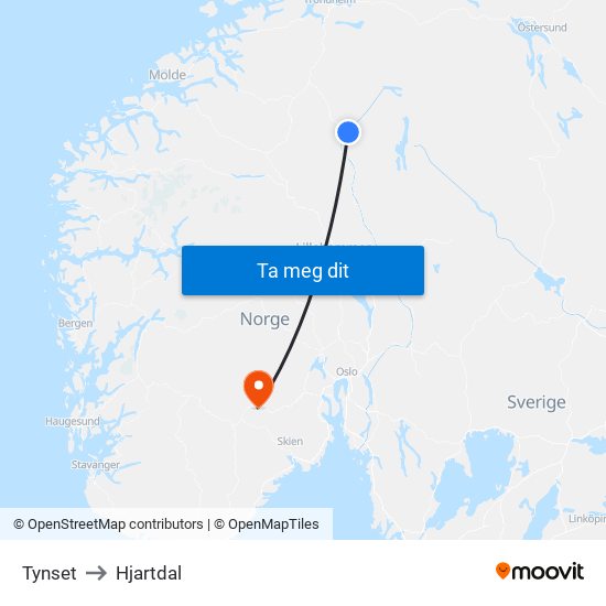 Tynset to Hjartdal map