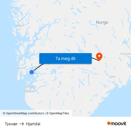 Tysvær to Hjartdal map