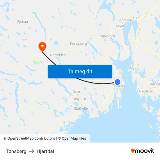 Tønsberg to Hjartdal map