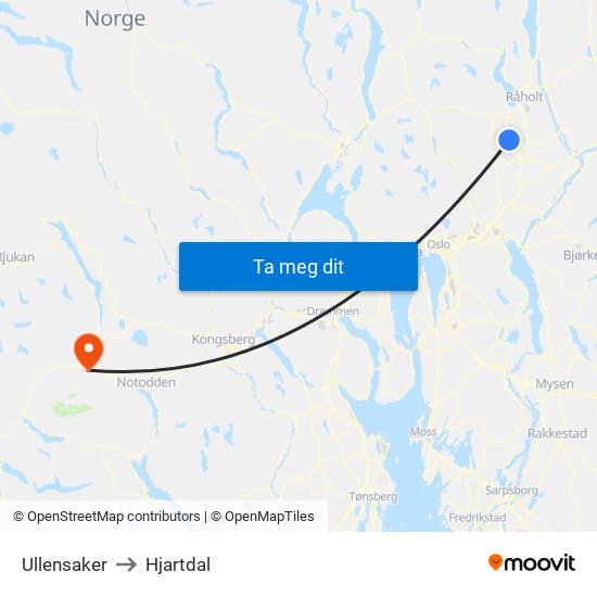 Ullensaker to Hjartdal map